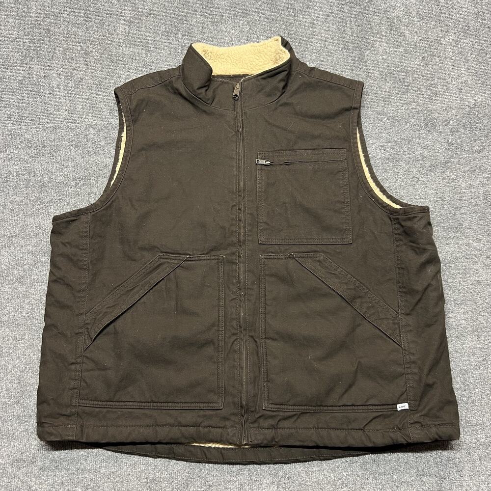 Lee Workwear Vest Mens 2XL Brown Canvas Sherpa Lined Full Zip Outdoor Workwear